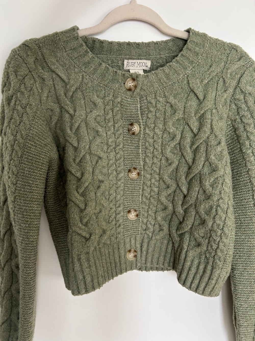 Ruby moon sage green cable knit button-up cardigan